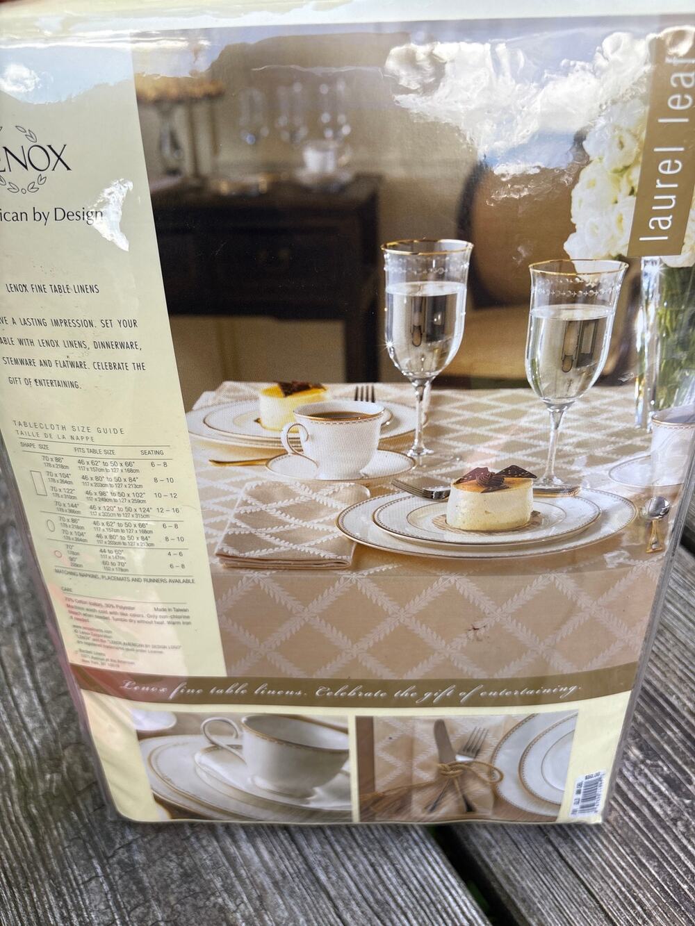 Lenox 70 x 86 oblong tablecloth. Gold color new in package.